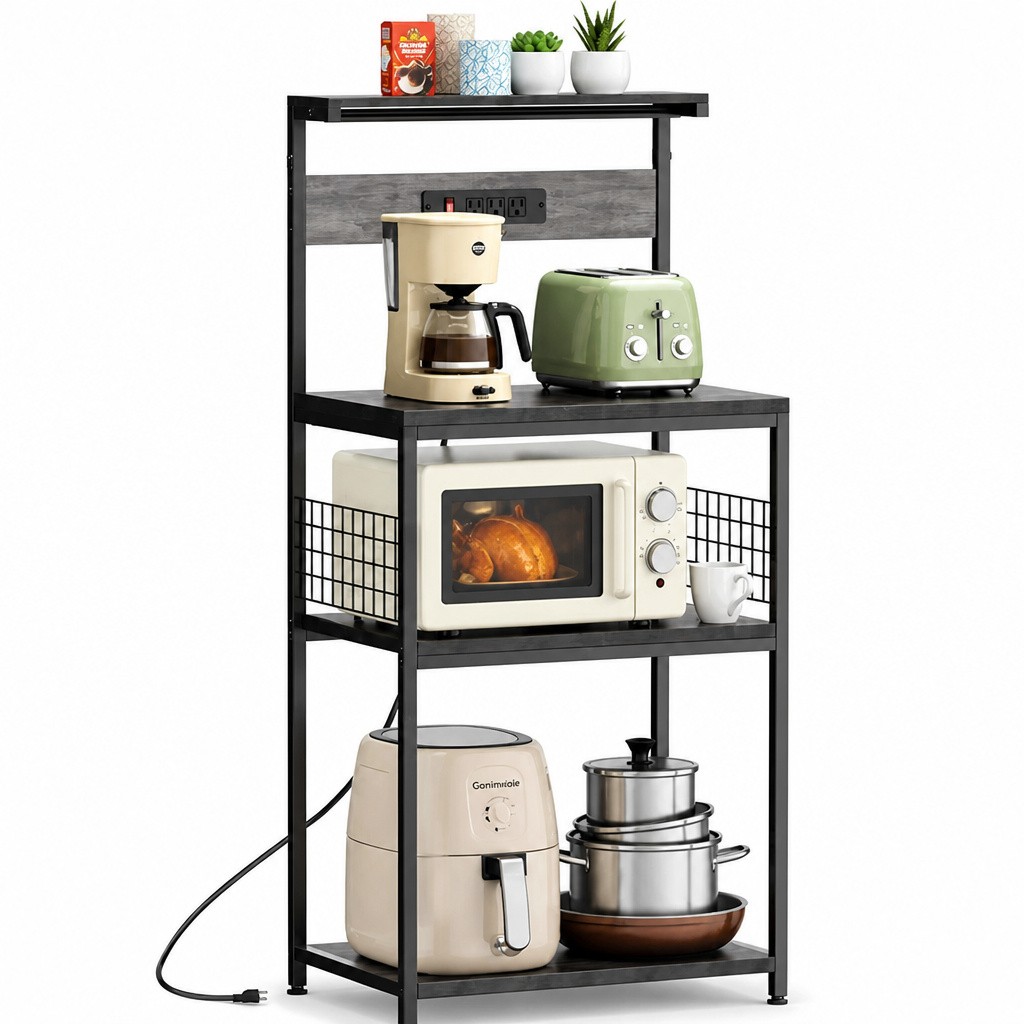 Gianna Baker's Rack with Power Outlet Steel Frame 4-Tier Kitchen Stand New