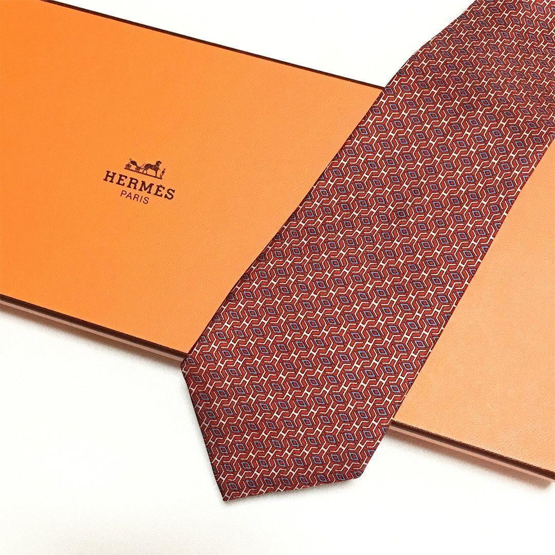 HERMES Necktie Tie All over H Logo pattern 100% Silk Made in France Men's Red