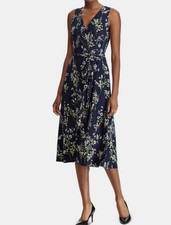Lauren Ralph Lauren Floral Ruched Midi Dress Sz 16 Navy Blue Career Slvls NEW