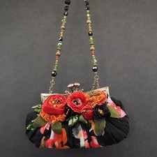 Vintage Mary Frances Ruched Sheer Floral Purse w/ Flower Accents, Beaded Strap