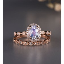 2.60 Ct Oval Moonstone  Moissanite Twin Ring 14K Yellow Gold Plated