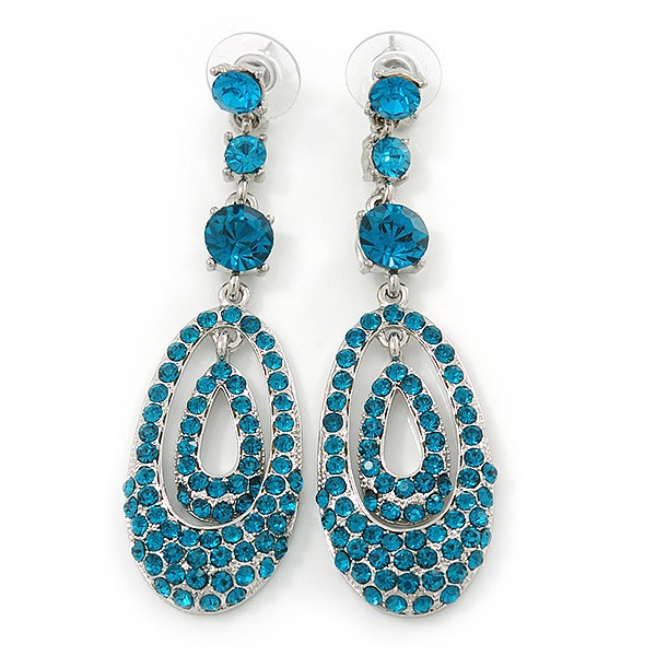 Long Double Oval Teal Austrian Crystal Drop Earrings In Silver Tone - 70mm L