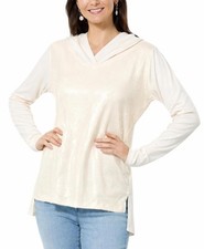 Colleen Lopez Women's Mixed Media Sequin Front Hoodie Cream Size Small