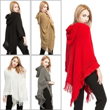 Women Autumn and Winter Hooded Tassels Knitted Sweater Cape Warmth Shawl