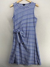 TALBOTS Dress L Side Tie Shift Sleeveless Striped Jersey Round Neck Cotton Blue