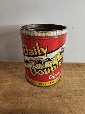 Vintage DAILY DOUBLE Cigars Empty Tobacco Tin Can NO LID Red Horse Racing