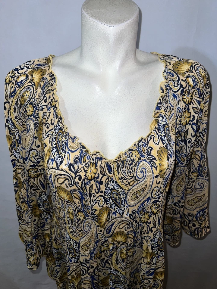 Ninety Clothing Co Top Plus 1X Blue Mustard Paisley Bell Sleeve Boho Blouse - Image 2 of 4