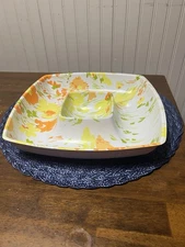 1970s Vintage Chip And Dip Tray, Plastic Orange Yellow And Green On White