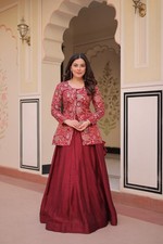 Stunning Look Simmer Vichitra Top With Maroon Lehenga For Women And Girls
