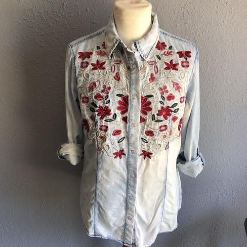 Lucky & Blessed Button Down Denim Floral Pink Flowers Embroidery Medium