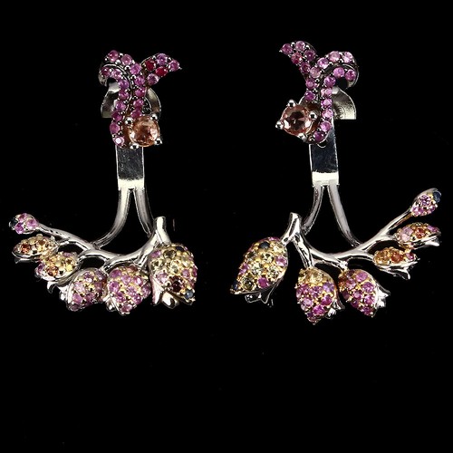 Pendientes De Flor De Zafiro Redondo De Plata 925 Con Corte De Diamante De 3mm - Imagen 18 de 21