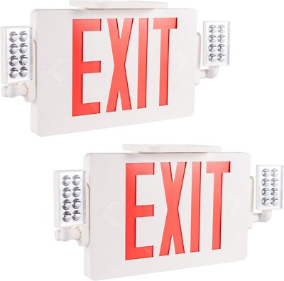 2 Pack LED Exit Sign Emergency Combo Light with Adjustable Two Head Battery UL