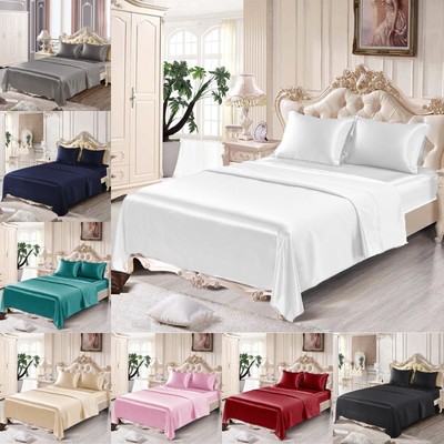 4Pcs Summer Extra Soft Satin Silk Bed Sheet Set 1800 Count Deep Pocket Fitted
