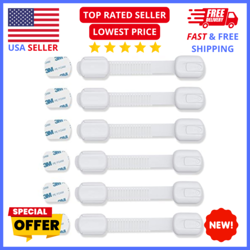 Child Safety Cabinet Locks 6 Pack – No Drill, 3M Adhesive Latches (White)