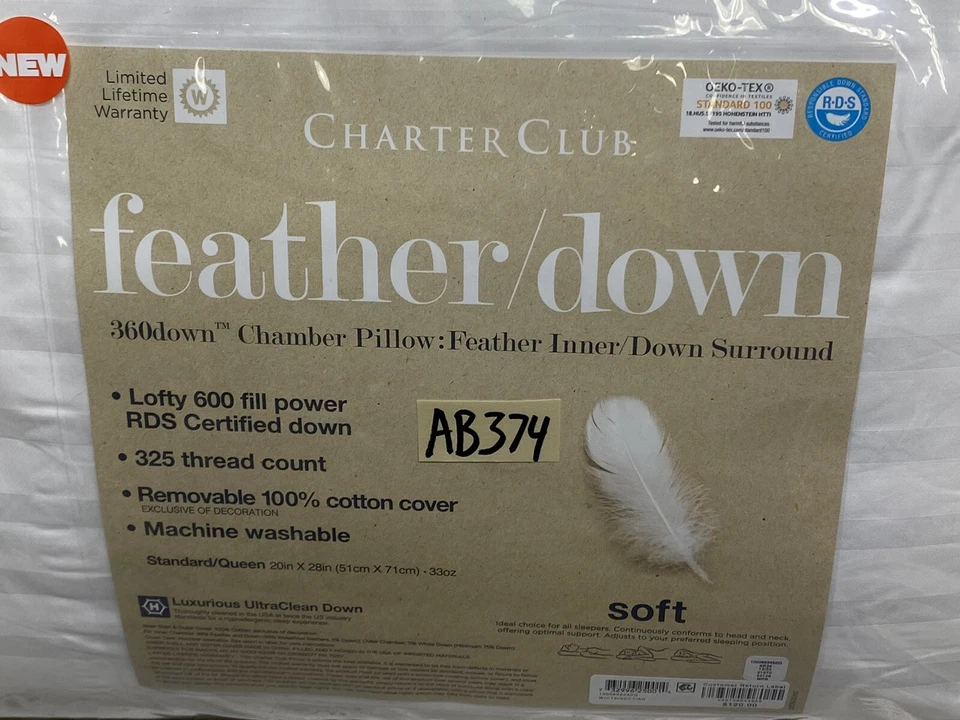 Charter Club 360 Chamber Feather Down (1) Standard Pillow Soft Density New - Image 2 of 4