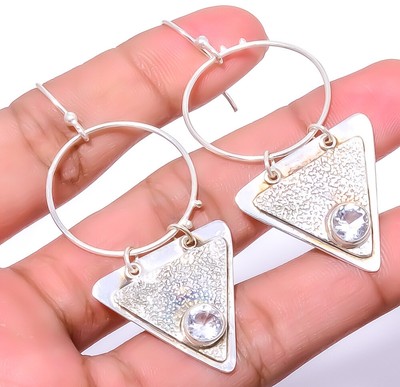 White Topaz Sand Paper Textured 925 Sterling Silver Earring 2.42'' A3