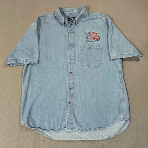 Camicia Christian Biker Vintage Sierra Pacific Patriot Moto Blu Denim Bottoni L - Foto 2 di 14