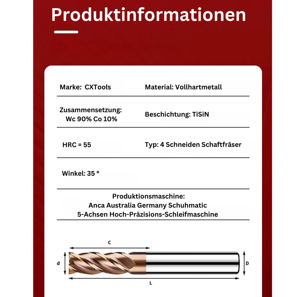 VHM Schaftfräser Ø1 -20 mm kurz/lang HPC VA Fräser 4 Zähne TiSiN 55HRC CNC - Bild 3 von 4