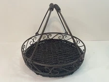 Iron And Braided Wicker Dark Stained Round Basket With Handles 9.5"