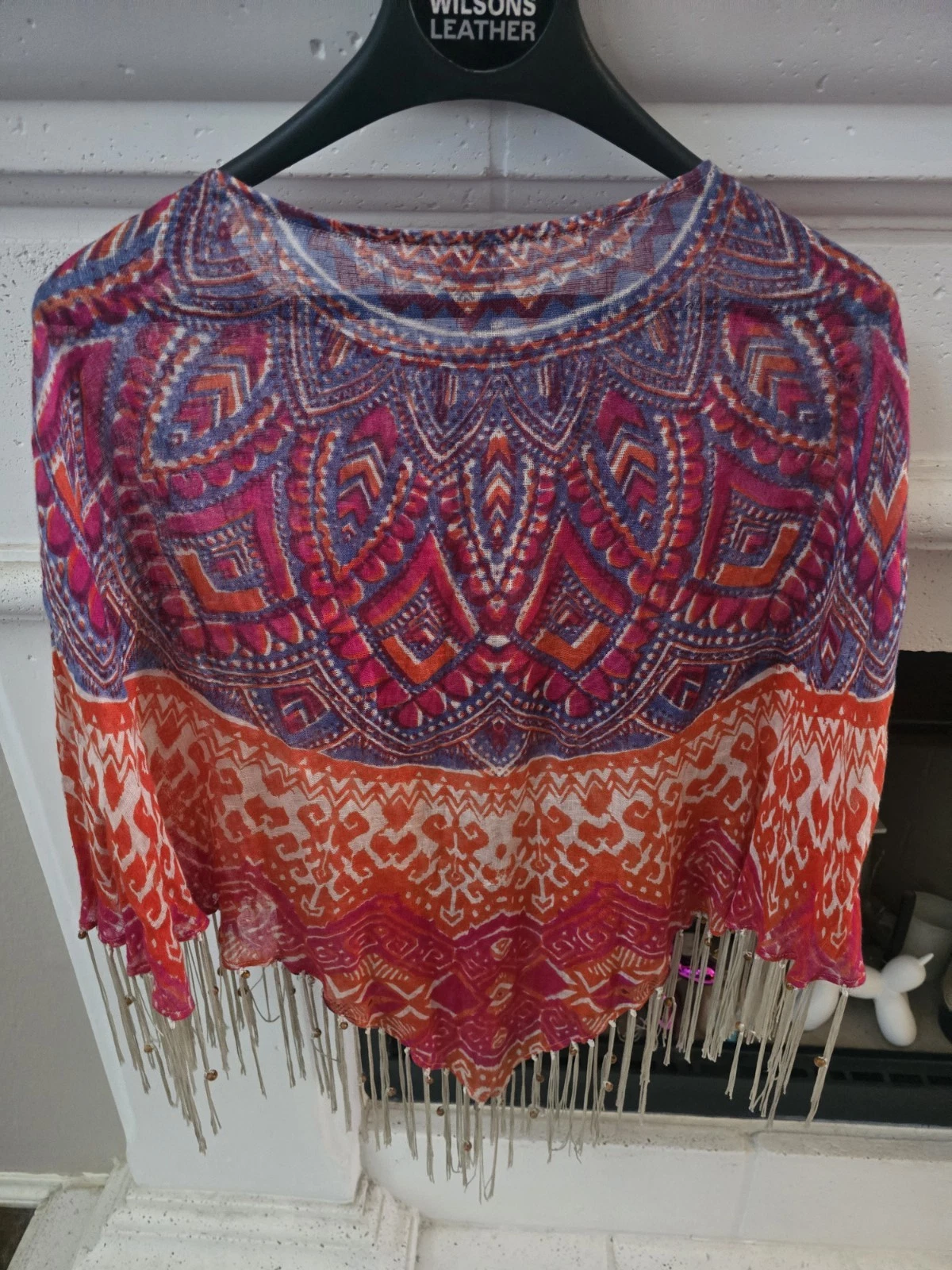 Chicos Phoebe Poncho Linen Sheer Gauzy Beaded Fringe Southwestern Hippie Boho OS