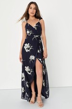 LULUS All Mine Navy Blue Floral PrintHigh-Low Wrap Dress size M Resort Vacation