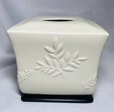 CREAM/IVORY Color Tissue Box Cover w/D BROWN Base 3D Leaves & Curvy Sides