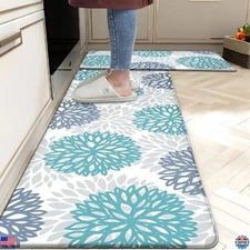 Teal Anti-Fatigue Kitchen Mats - Set of 2 Non-Slip Waterproof Memory Foam Rugs