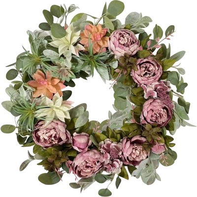 24 Inch Spring Peony Wreaths for Front Door,Succulent Summer Wreath with Pink...