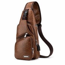 Men s Brown Sling Backpack Crossbody Chest Bag with USB Charging Port
