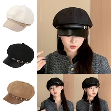 Women Newsboy Cap Fashion PU Leather Cabbie Painter Hat Fall Ladies Beret Cap