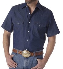 Wrangler Western Cowboy Denim Short Sleeve Work Shirt Blue Men  s Sz Large
