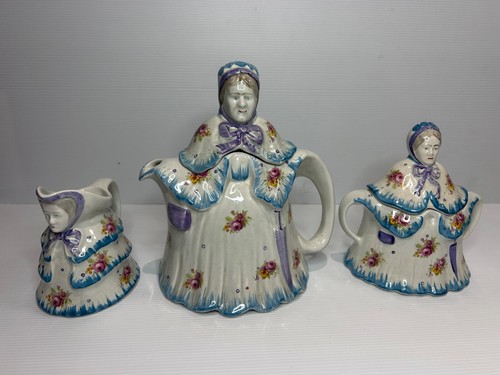 Vintage 1930s “Little Old Lady” Teapot Trio Set – Made in England – Handpainted - Picture 15 of 17