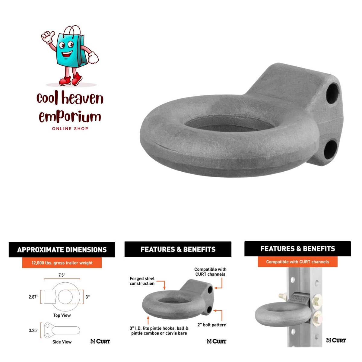 Raw Steel Pintle Hitch Lunette Ring 3-Inch ID, 12,000 lbs, Channel