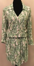 CAbi Womens Faux Wrap Dress Medium Green Leaf Print Blouson Waist 3/4 Sleeve 