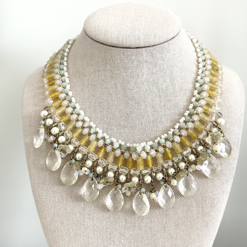 Banana Republic Ladies Yellow Crystal Multicolor Glass Beaded Collar Necklace - Image 2 of 4