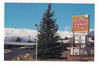 c1960 ESTES PARK COLORADO COLUMBINE INN MOTEL CARS BIG THOMPSON AVE POSTCARD CO