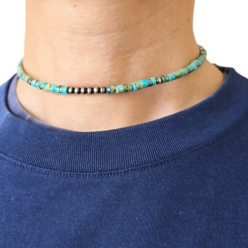 Native American Turquoise Heishi 4mm Sterling Silver Bead Wrap Choker Necklace - Picture 5 of 10