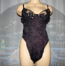 Vtg Sachet Black Beaded Nylon  Lace Boned Teddy Bodysuit Size Large Made in USA