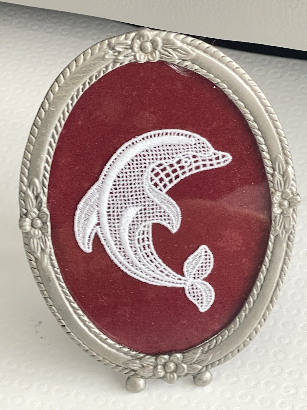 Vintage Framed Crochet Doily  Dolphin  Handmade Precious Home Decor Embroidery