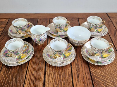 Timewarp 40er Jahre ''Gartenhaus'' Gold Chinz Reifrock Teeservice Bone China 21 Teile