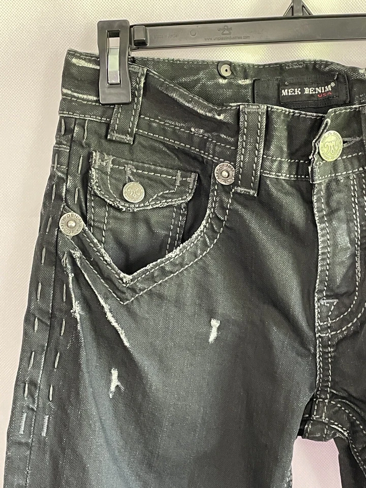 Jeans masculino vintage anos 90 Mek 29x34 preto desgastado destruído desbotado desgastado rasgado B2 - Imagem 2 de 4