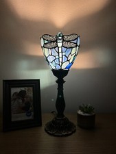 Tiffany Style Mini Torch Table Lamp Dragonfly Blue Stained Glass LED Bulb H15"