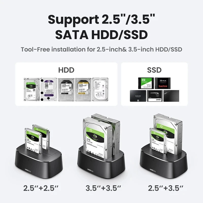 UGREEN HDD Docking Station SATA to USB 3.0 For 2.5 3.5 Dual-Bay SSD Hard Drive - Image 3 of 4