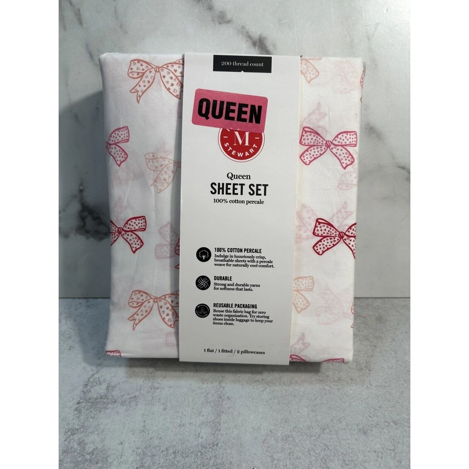 Juego de Sábanas Martha Stewart Coquette Estampado Lazo Rosa Rojo Reina 100% Algodón Percal Foto 2 de 4