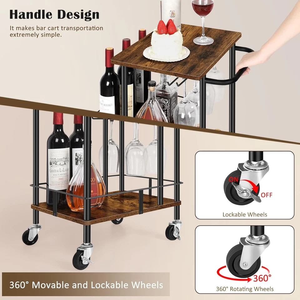 Carro para servir bar en casa de 3 niveles estante para botellas de vino soporte para vidrio carrito para bebidas Foto 3 de 4