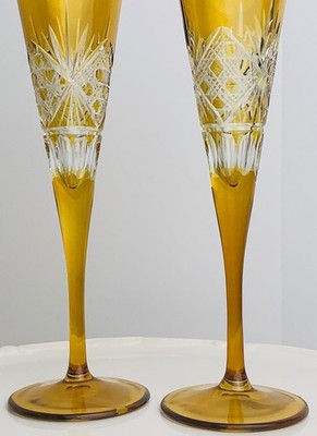 Pottery Barn Amber Cut Crystal Glass Set of 2 OR Champagne Flutes Made in Turkey