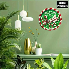 2D Flat, 1pc, Vintage Aluminum Welcome Wheatville Round Sign- Rustic Holiday Wal