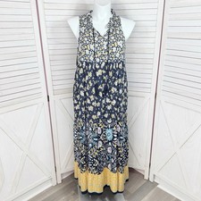 Kaktus Maxi Dress Large Blue Multi Floral Tiered Boho Cottagecore Sleeveless