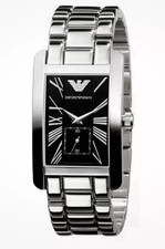 NEW EMPORIO ARMANI MENS WATCH AR0156 STAINLESS STEEL SILVER STRAP AND BLACK DIAL