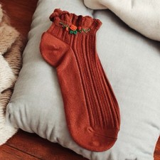 Dark Orange Flowers Handmade Embroidered Woman Socks  Size 6-9 